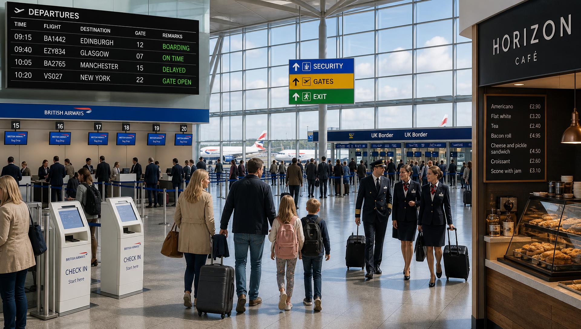 Photorealistic British airport departures hall with a departures board, British Airways bag drop, self check-in kiosks, security and gates signs, UK Border control, a family with suitcases, pilot and cabin crew, and the Horizon Café menu